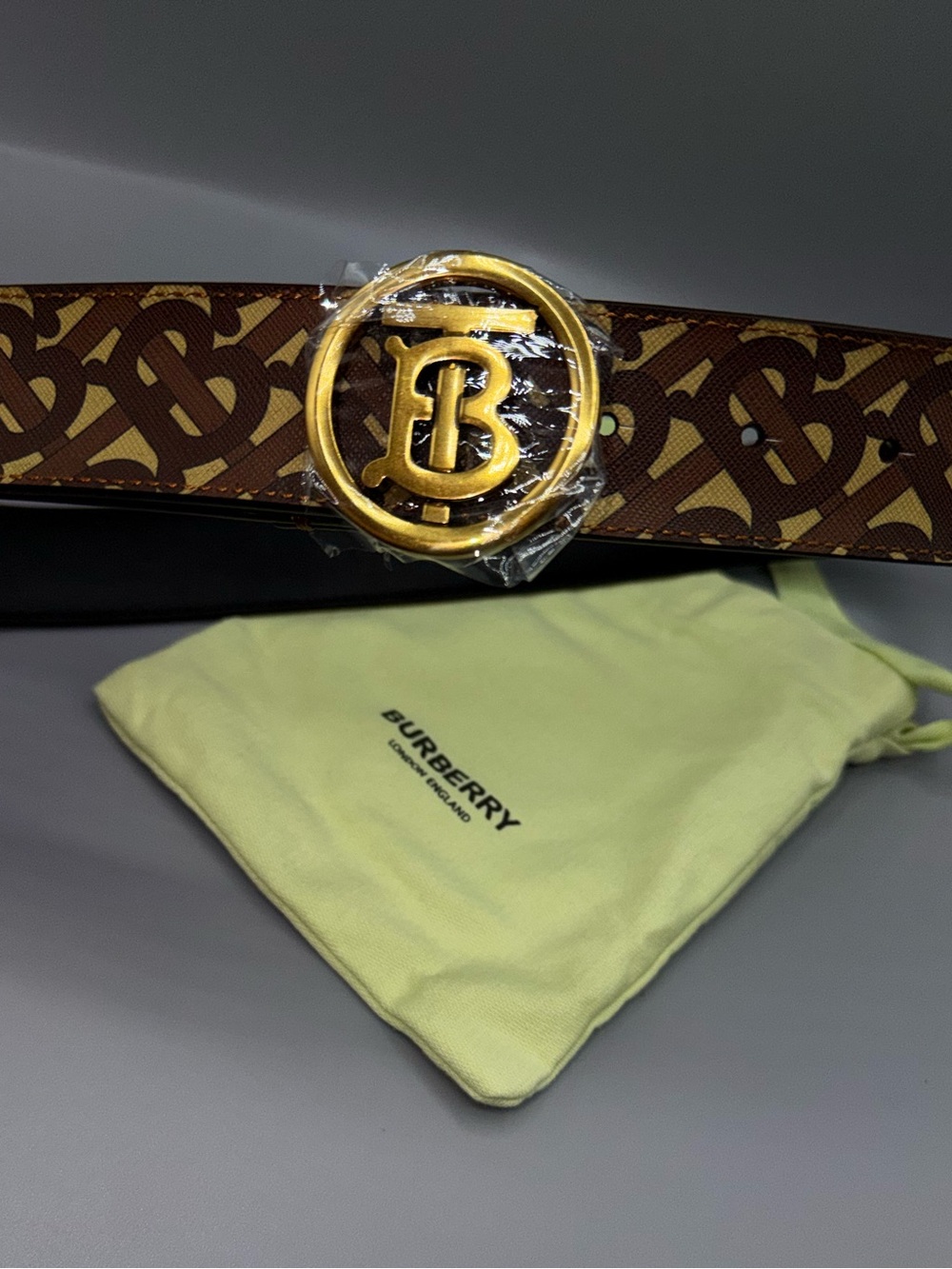 Burberry Brown Monogram TB Buckle Belt with Gold Hardware